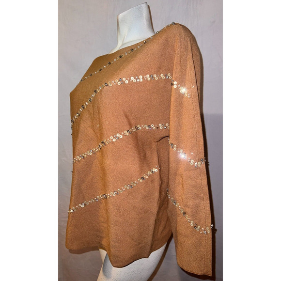 New CHICO'S Sweater Sz L (2) Camel Diagonal Beaded Embellished Pullover Knit Top - Picture 4 of 7